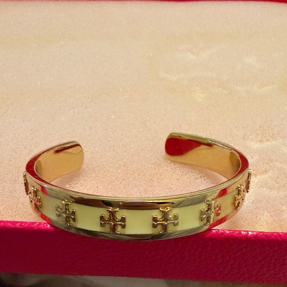 Tory Burch Gold and Cream Cross Cuff Bracelet